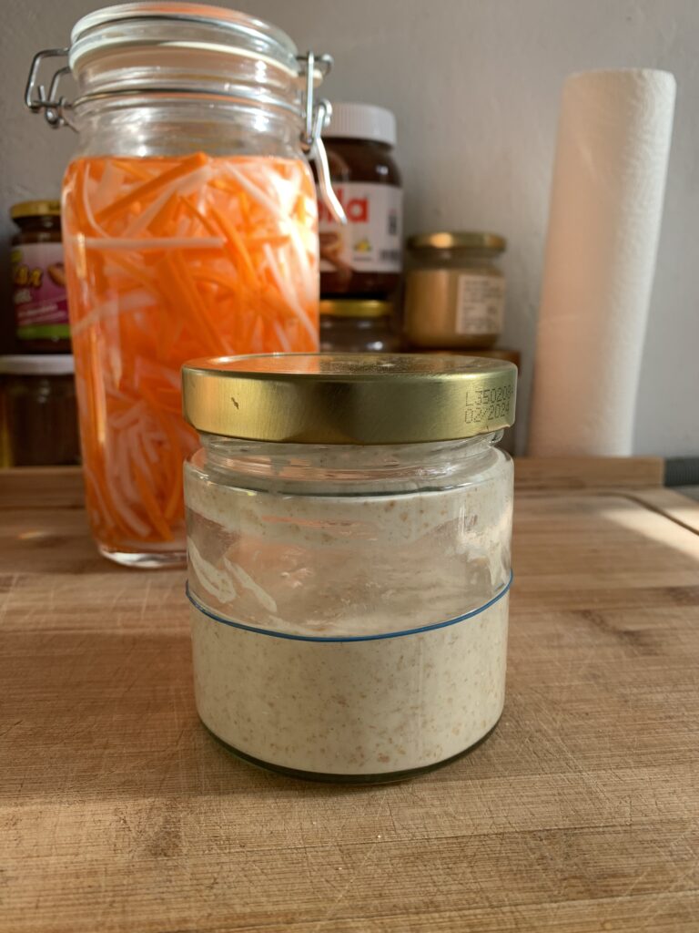 Day 5 of sourdough starter, unclean jar, no signs of activity