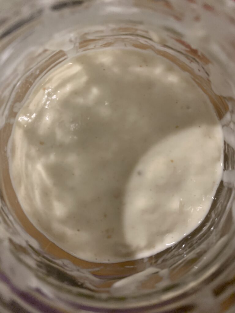 Day 11 sourdough starter at 16:30, no bubbles on surface despite more than doubling